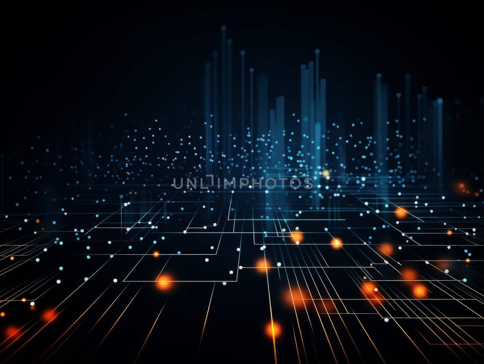 Abstract technology, blue and orange neon background of lines and dots, science and technology business concept of digital future technologies. AI