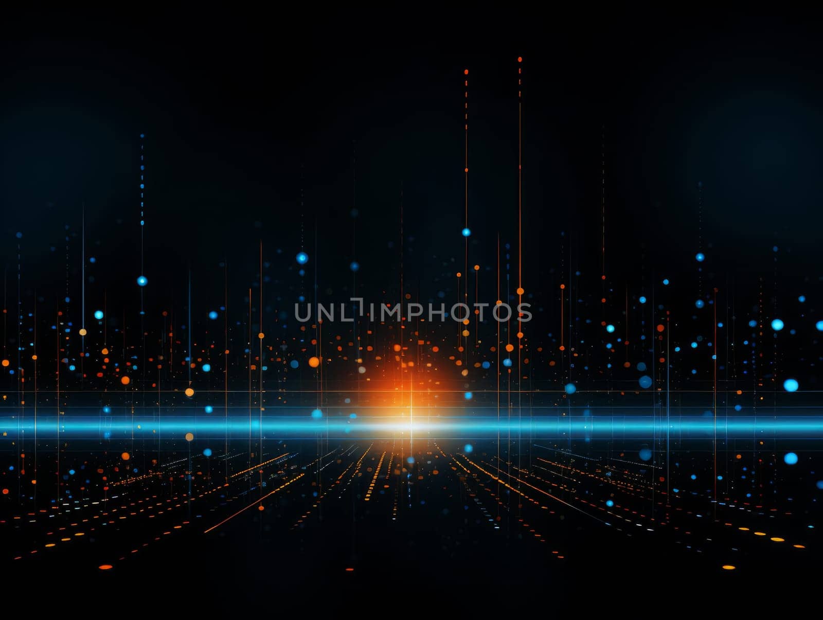 Abstract technology, blue and orange neon background of lines and dots, science and technology business concept of digital future technologies. AI