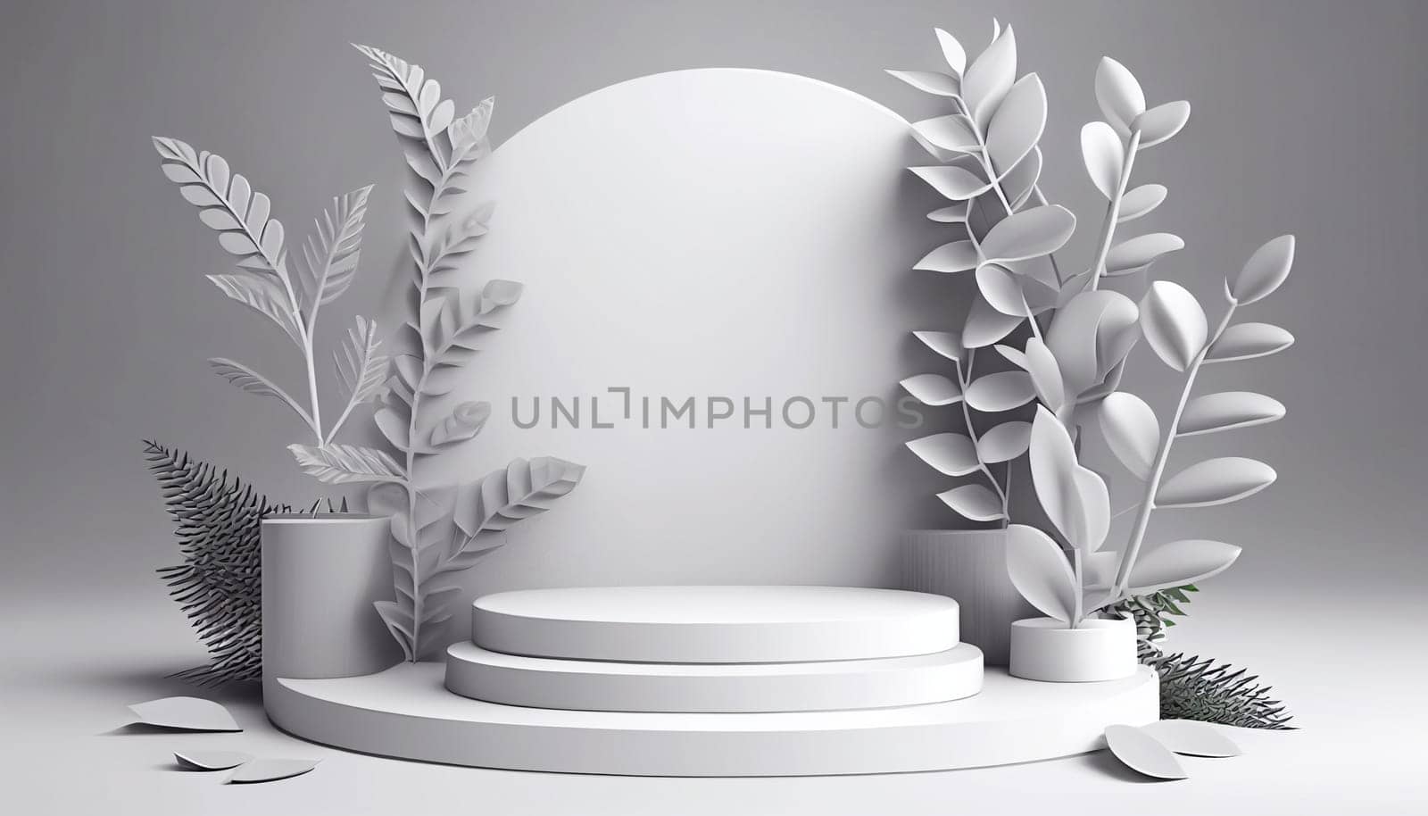 Abstract white 3D room with realistic white cylinder pedestal podium set and palm leaf shadow overlay. Minimal scene for product display presentation. geometric platform. Stage for showcase. Generative AI by Andelov13