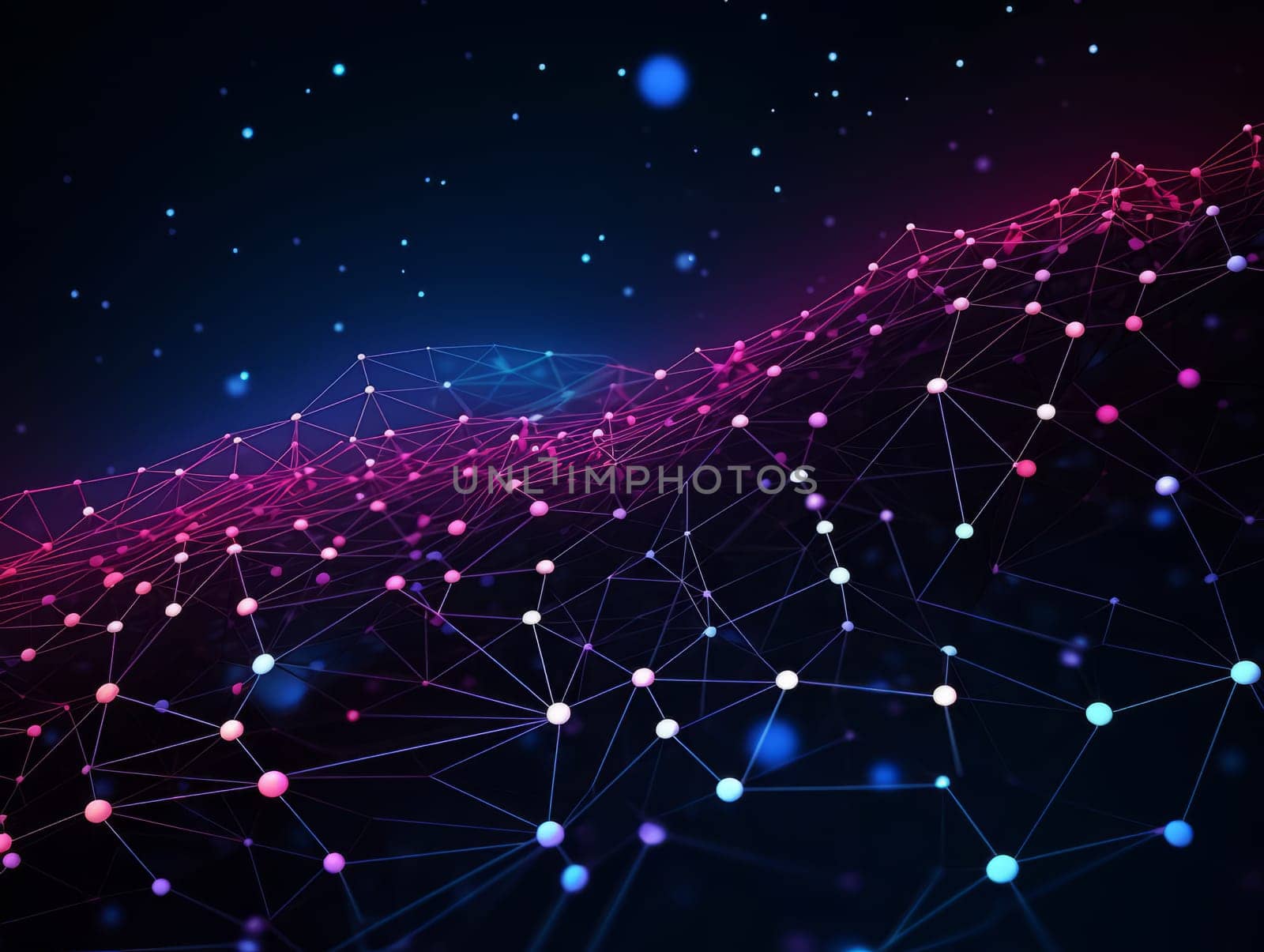 Abstract technology, blue and purple neon background of lines and dots, science and technology business concept of digital future technologies. AI