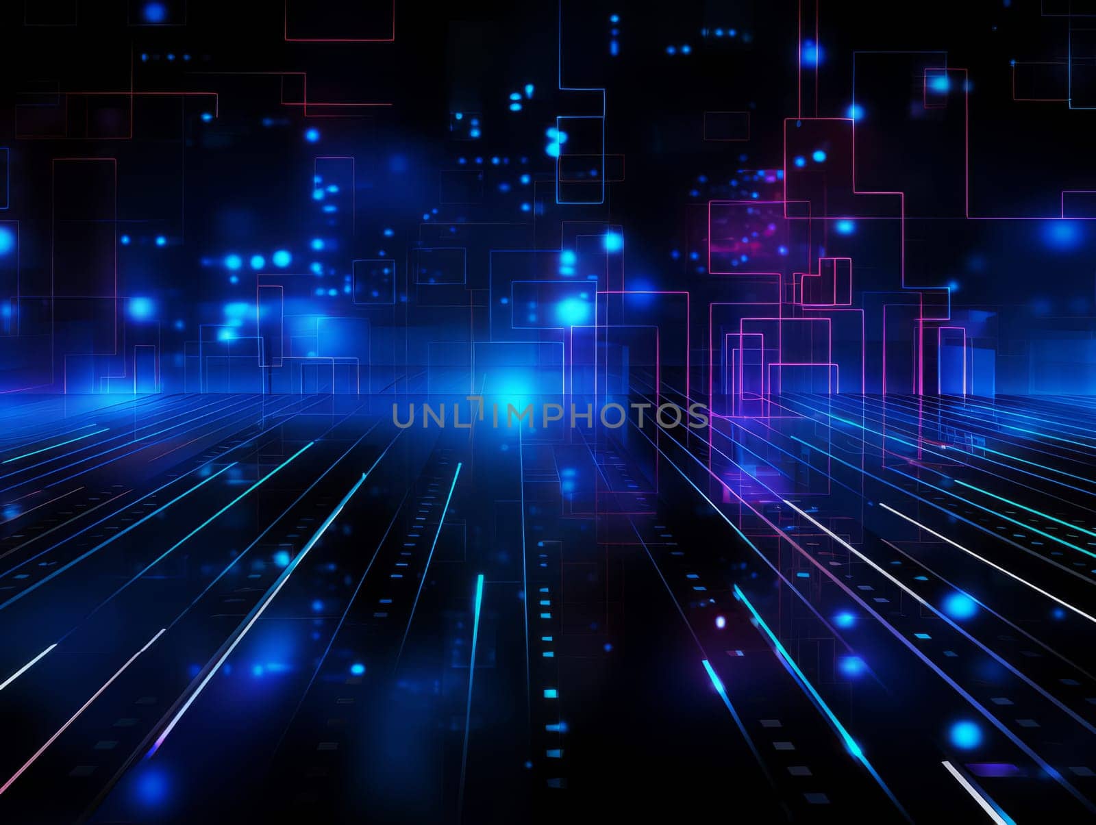 Abstract technology, blue and purple neon background of lines and dots, science and technology business concept of digital future technologies. AI