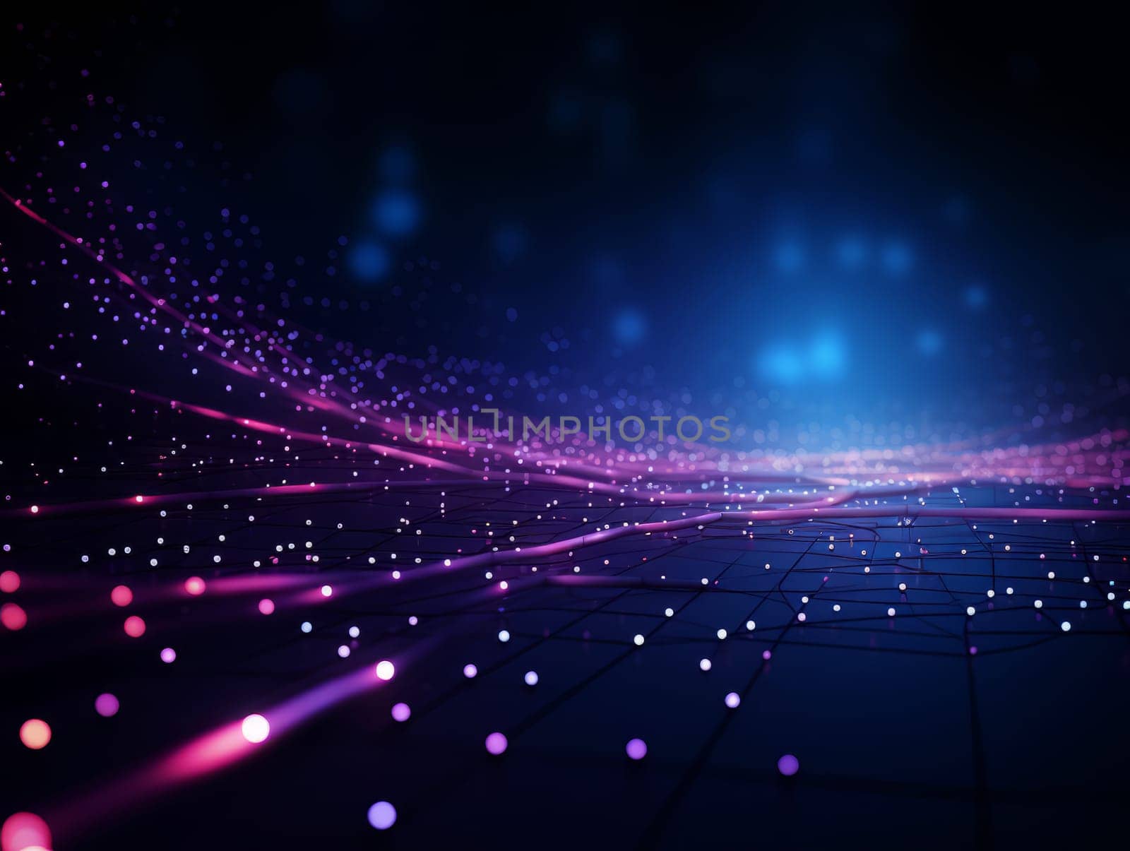 Abstract technology, blue and purple neon background of lines and dots, science and technology business concept of digital future technologies. AI