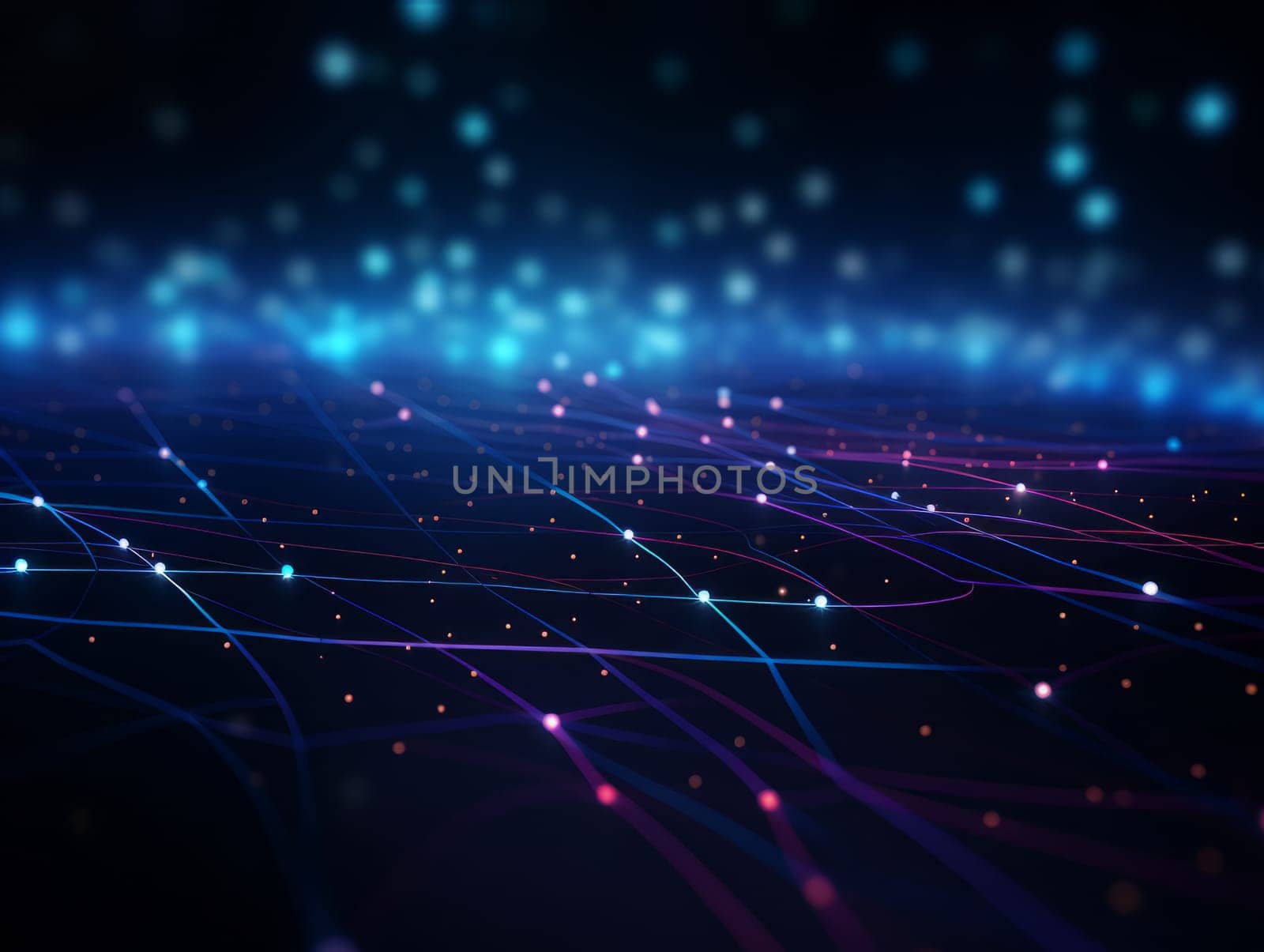 Abstract technology, blue and purple neon background of lines and dots, science and technology business concept of digital future technologies. AI