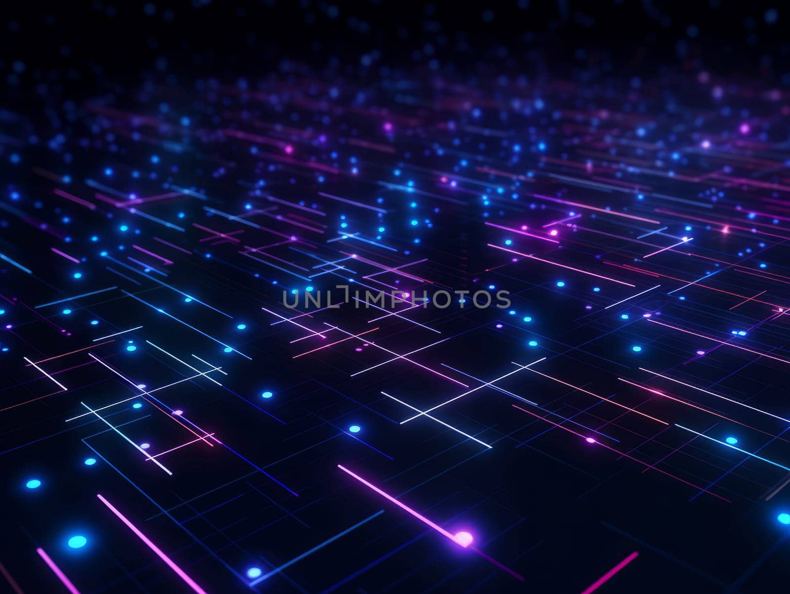 Abstract technology, blue and purple neon background of lines and dots, science and technology business concept of digital future technologies. AI