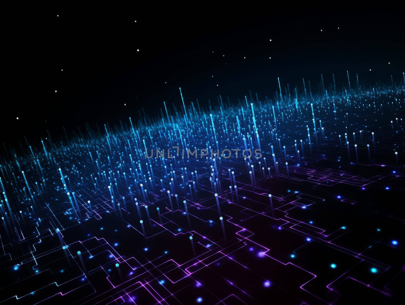 Abstract technology, blue and purple neon background of lines and dots, science and technology business concept of digital future technologies. AI