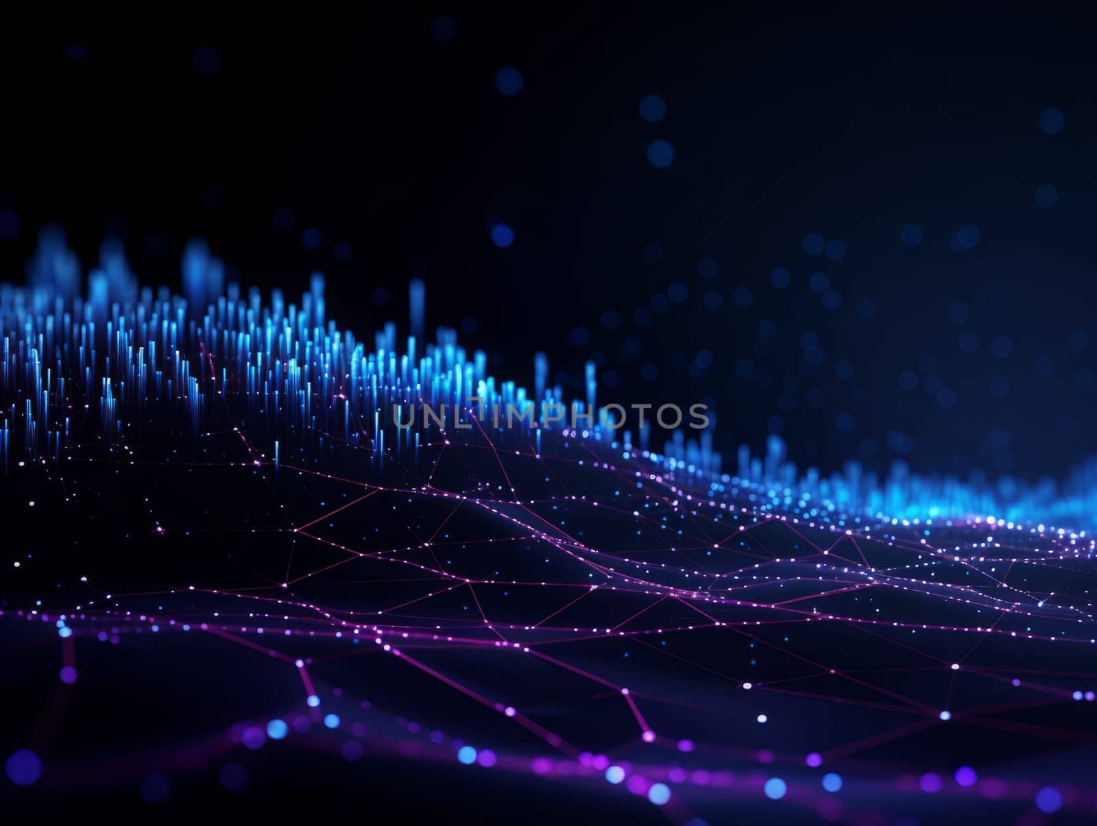 Abstract technology, blue and purple neon background of lines and dots, science and technology business concept of digital future technologies. AI