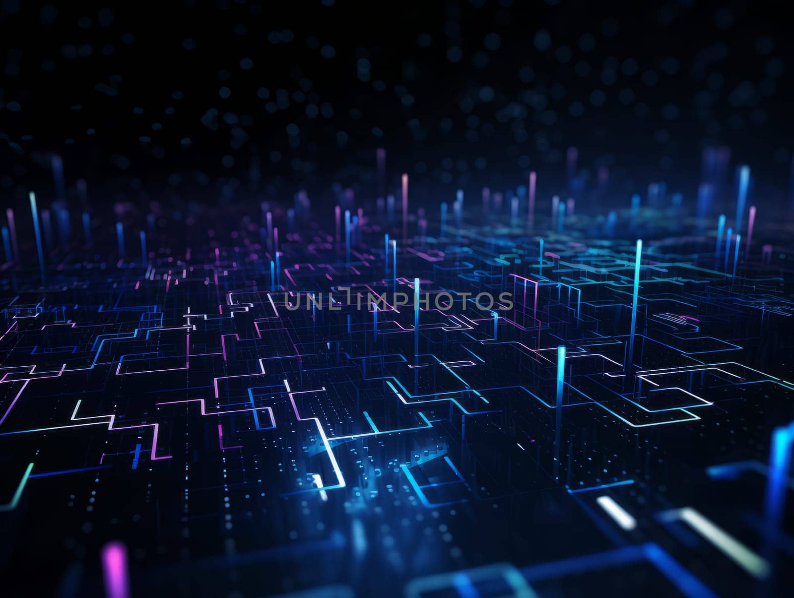 Abstract technology, blue and purple neon background of lines and dots, science and technology business concept of digital future technologies. AI