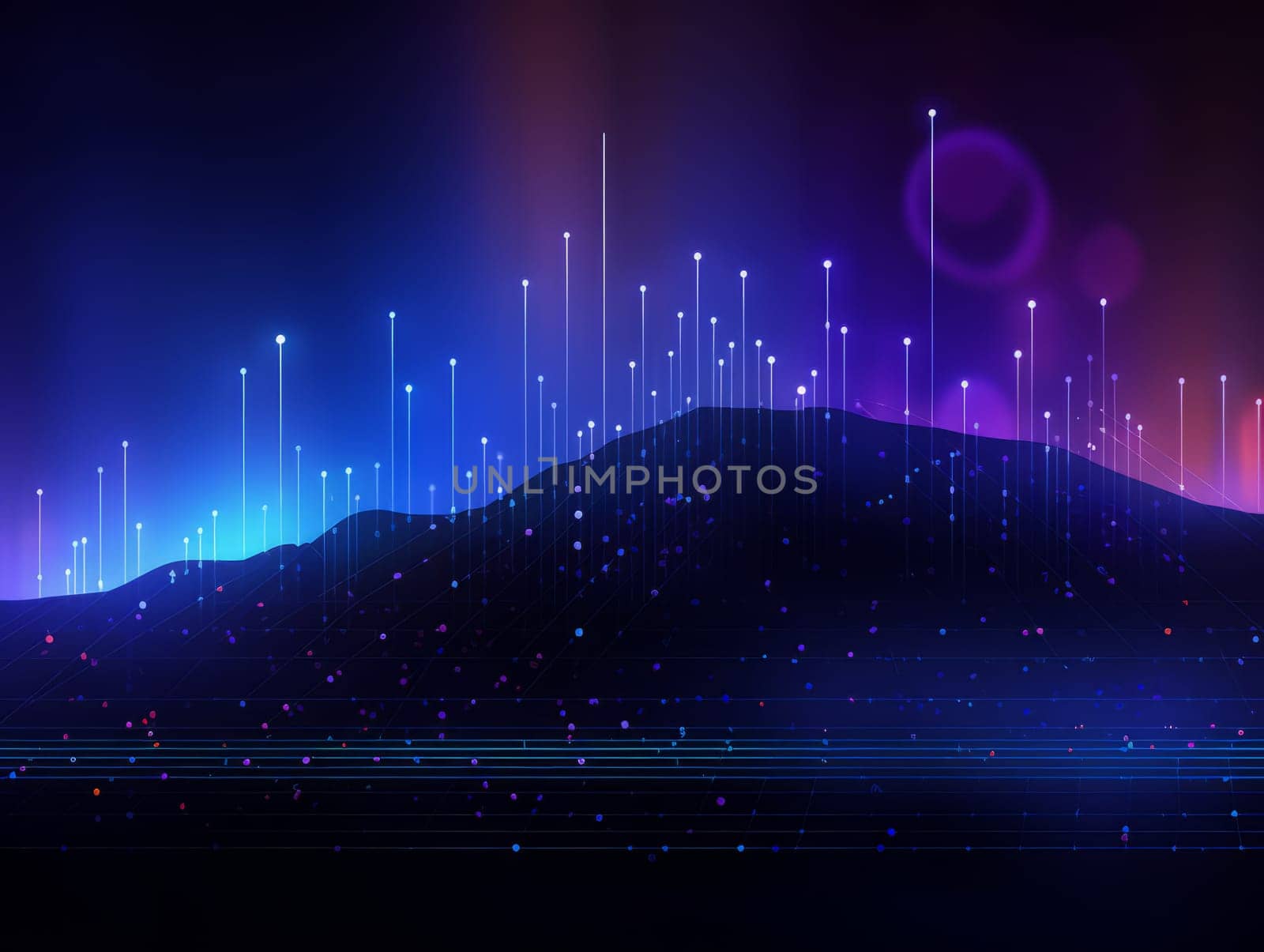 Abstract technology, blue and purple neon background of lines and dots, science and technology business concept of digital future technologies. AI