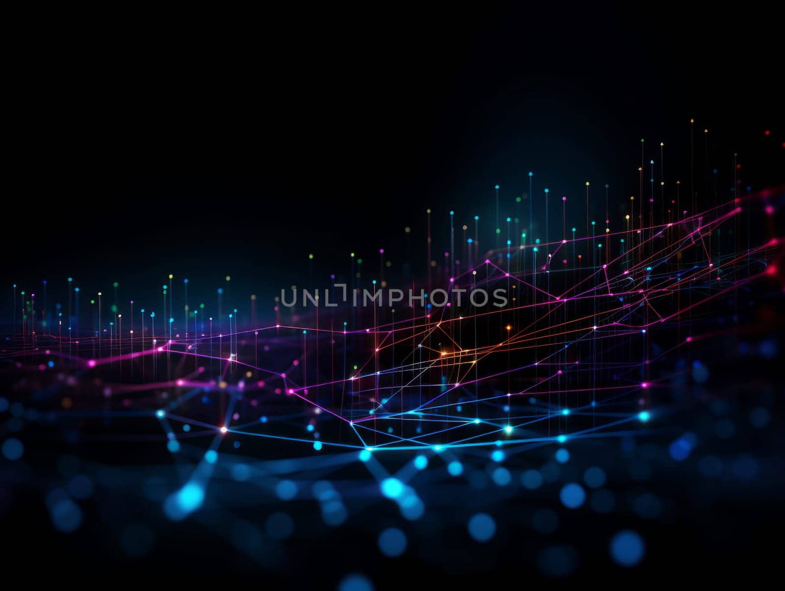 Abstract technology, blue and purple neon background of lines and dots, science and technology business concept of digital future technologies. AI