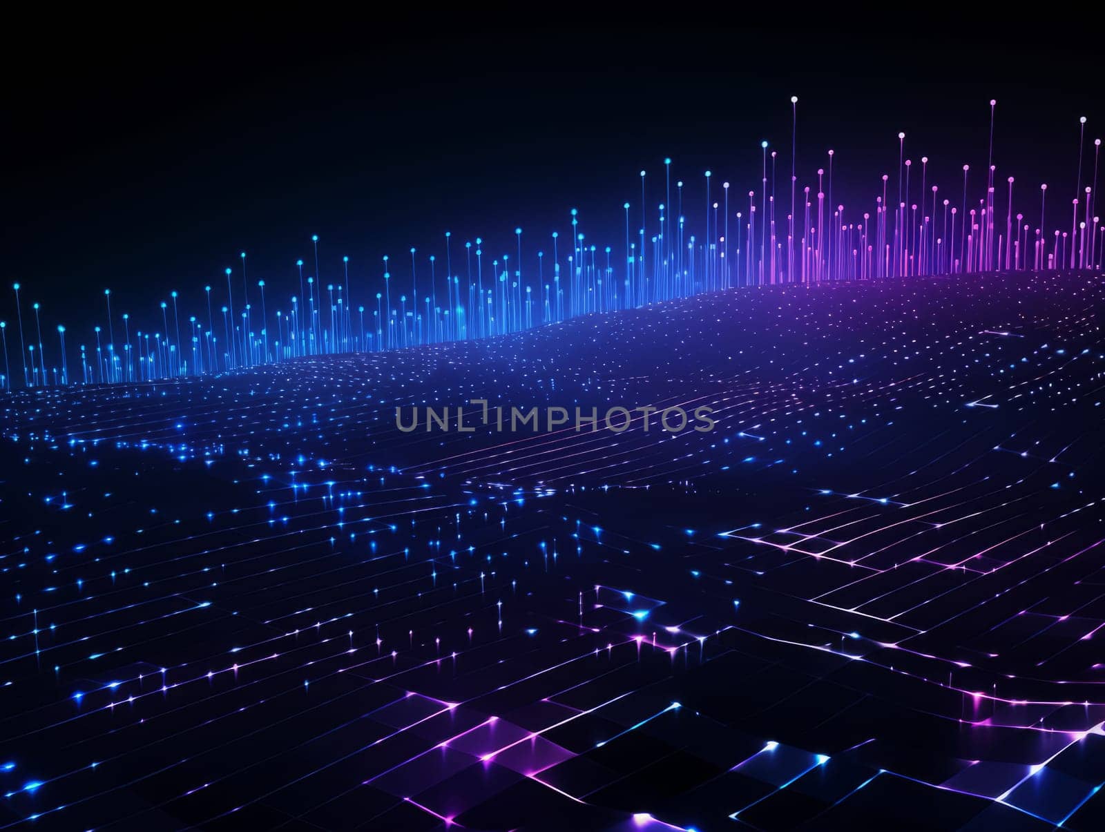 Abstract technology, blue and purple neon background of lines and dots, science and technology business concept of digital future technologies. AI