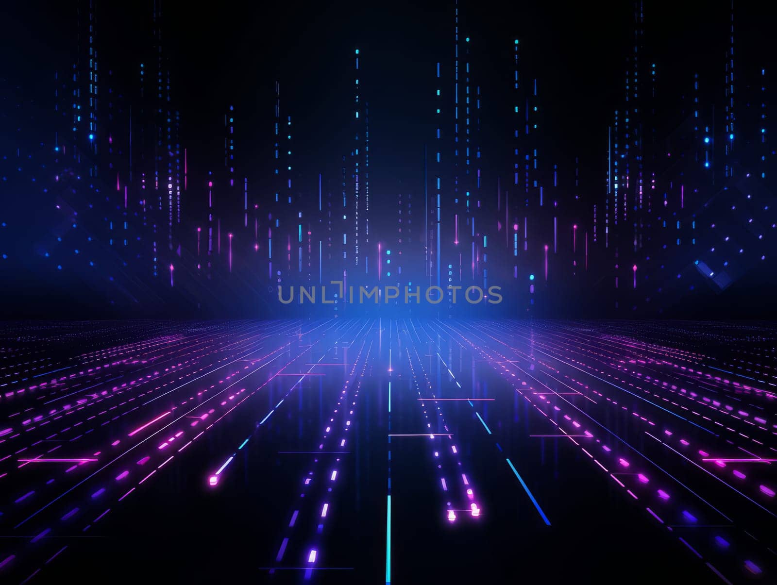 Abstract technology, blue and purple neon background of lines and dots, science and technology business concept of digital future technologies. AI