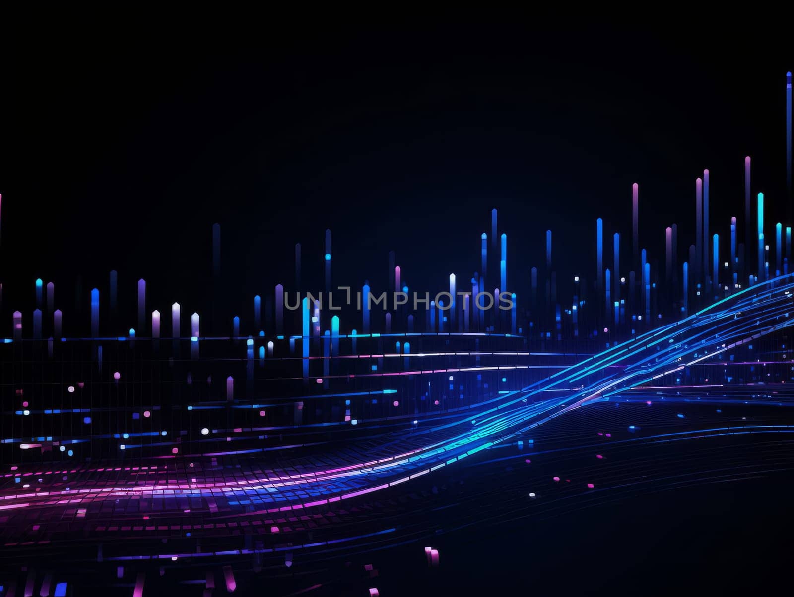 Abstract technology, blue and purple neon background of lines and dots, science and technology business concept of digital future technologies. AI