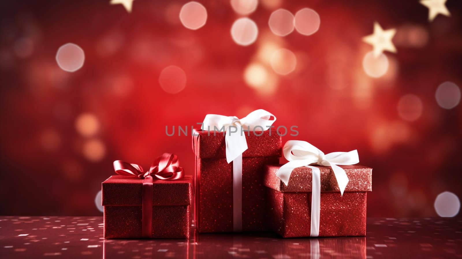 christmas gift boxes against blurred background - AI generative