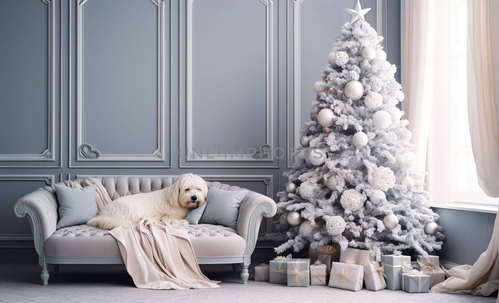 Christmas tree in minimalist trends in the color of a pastel gray-blue interior, wrapped gifts under the tree, a large cozy chair, a large luxurious window in the interior, High quality photo