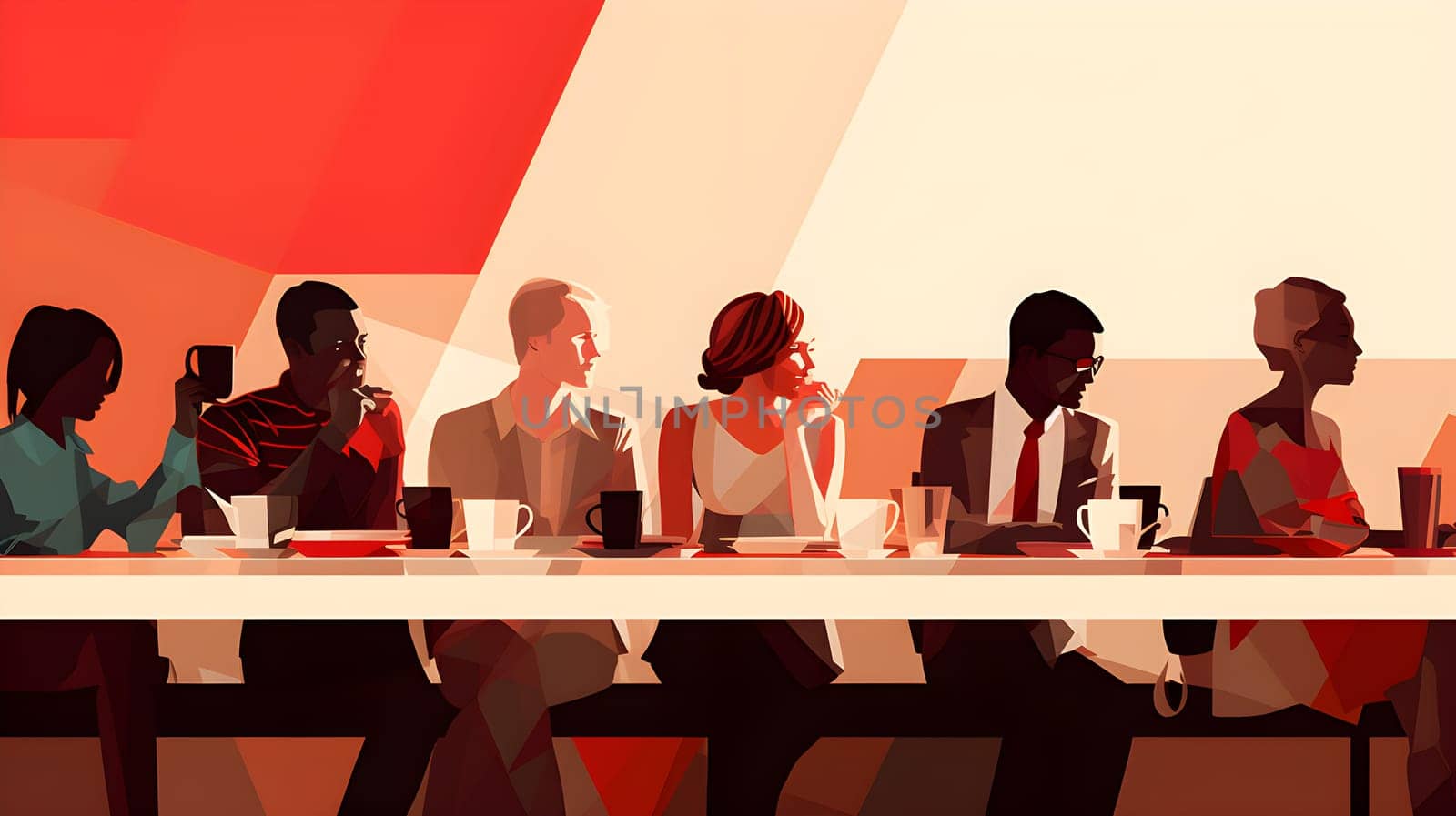 Illustration of people sitting around a table. minimalist image with flat shapes- business concept - AI generative