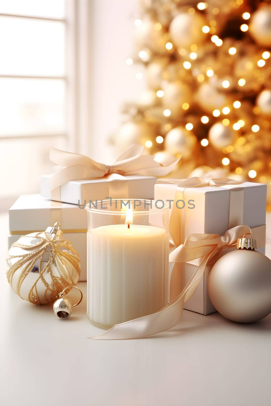 Holiday-themed still life with candles, Christmas decorations, and gifts, cozy intimacy feeling - AI generative