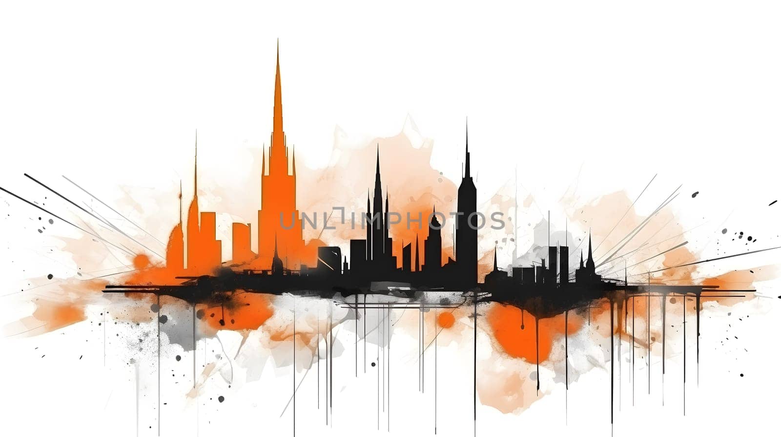 A dynamic depiction of a modern city skyline, with orange and black colors - AI Generative