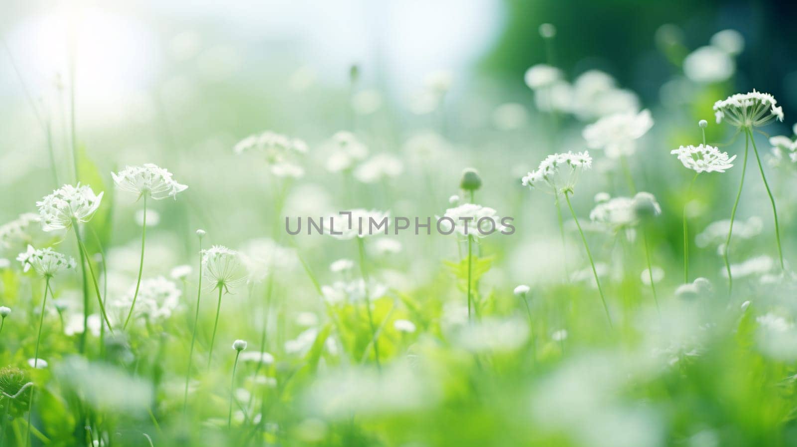 Wildflowers in fresh grass against blurred sunny background, ecology concept - AI generative