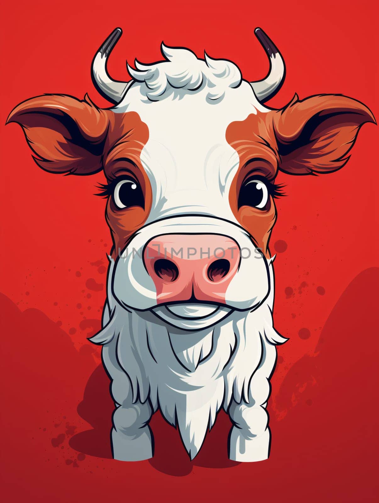 a cartoon illustration of a cute cow on a red background - AI Generative