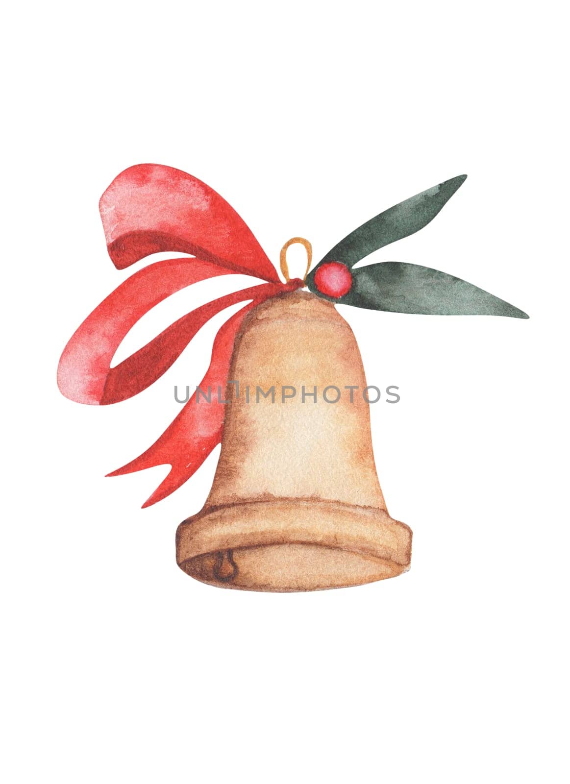 Christmas tree toy christmas bell watercolor isolated without background. white with red stripes for decorating cards, banners, posters, pillows. High quality photo