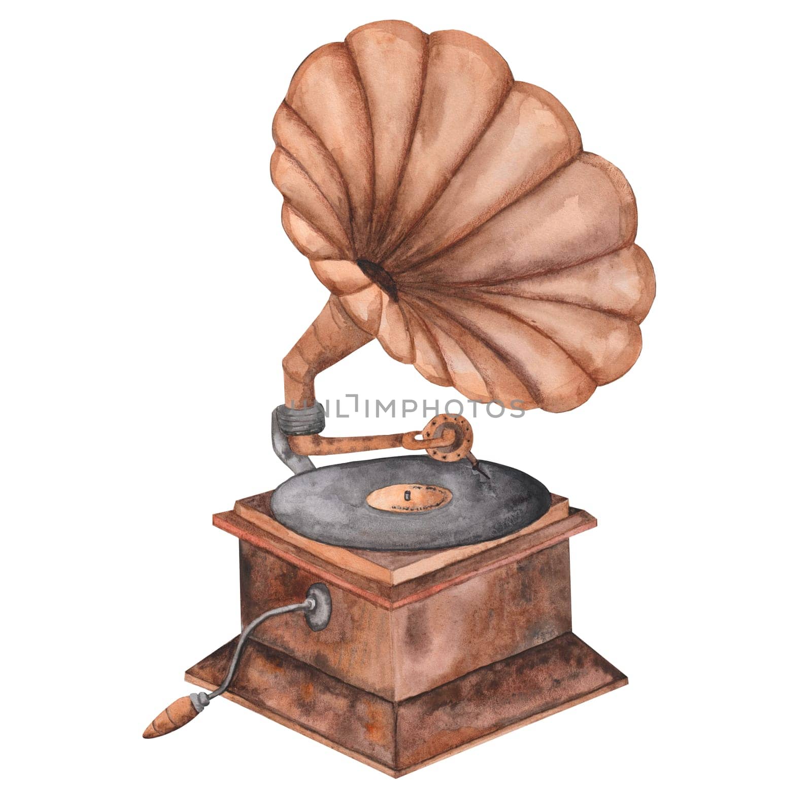 isolate drawing of a gramophone watercolor. beautiful vintage gramophone for printing stickers posters banners. High quality photo