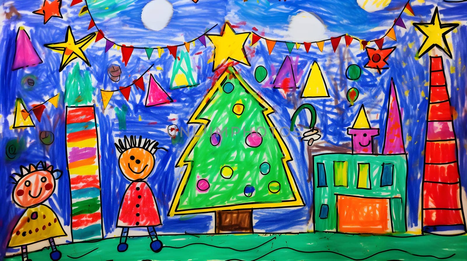 A child's drawing of a Christmas scene, with a house, tree, and a collection of gifts - Generative AI by chrisroll