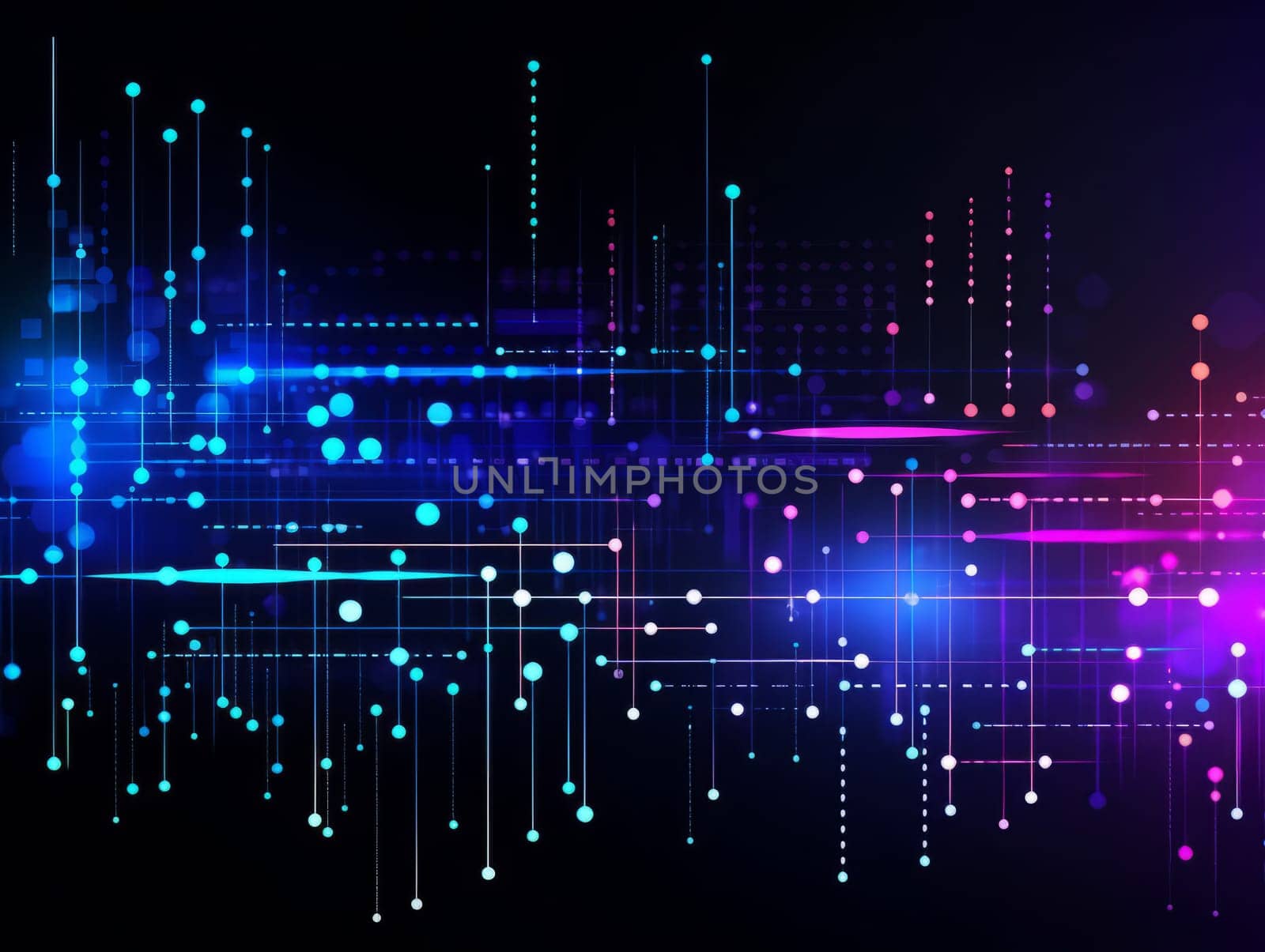 Abstract technology, blue and purple neon background of lines and dots, science and technology business concept of digital future technologies. AI