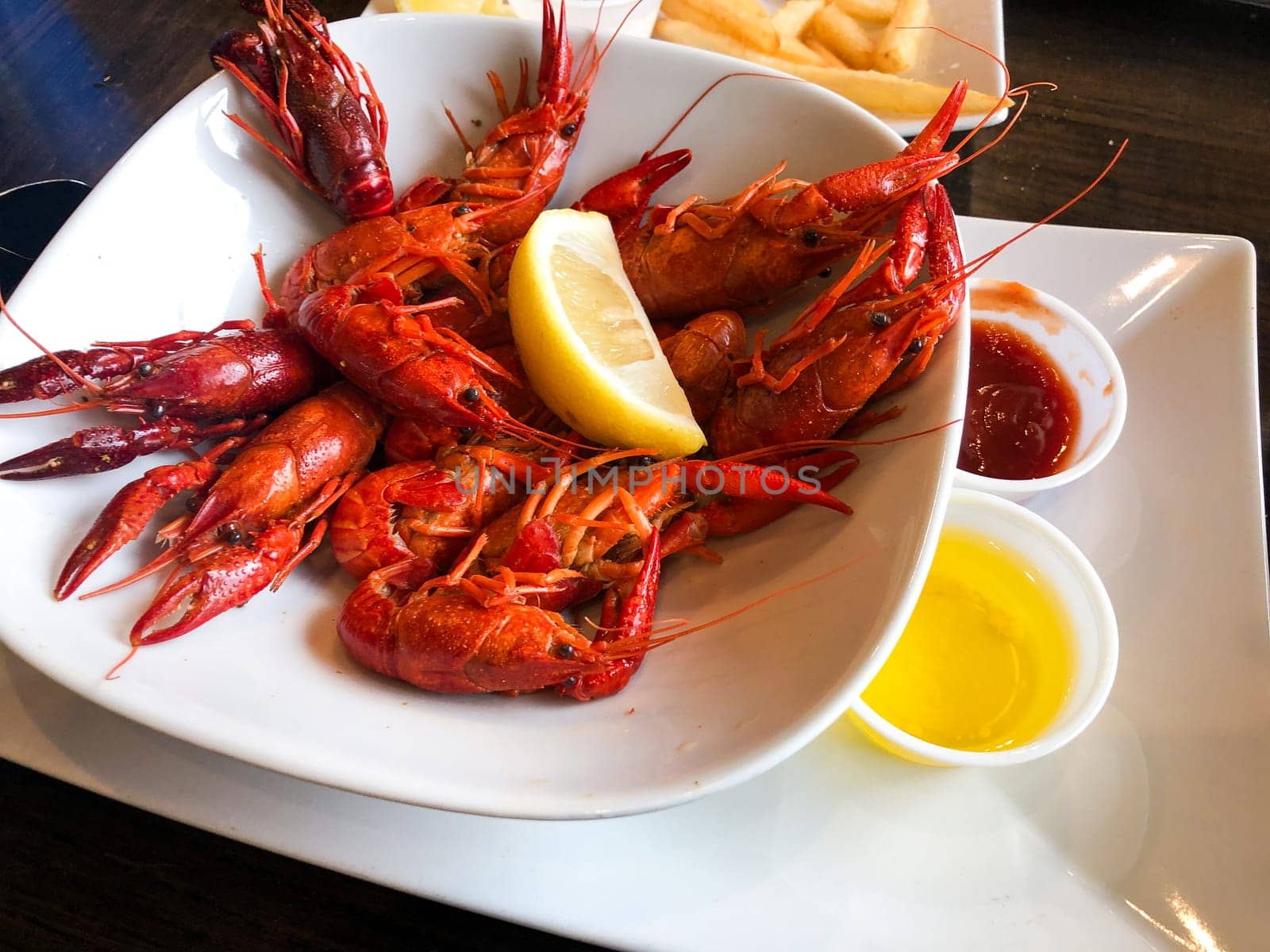 Crawfish or crayfish boil for dinner at a Southern restaurant in the United States. This freshwater seafood is a delicacy in some areas.