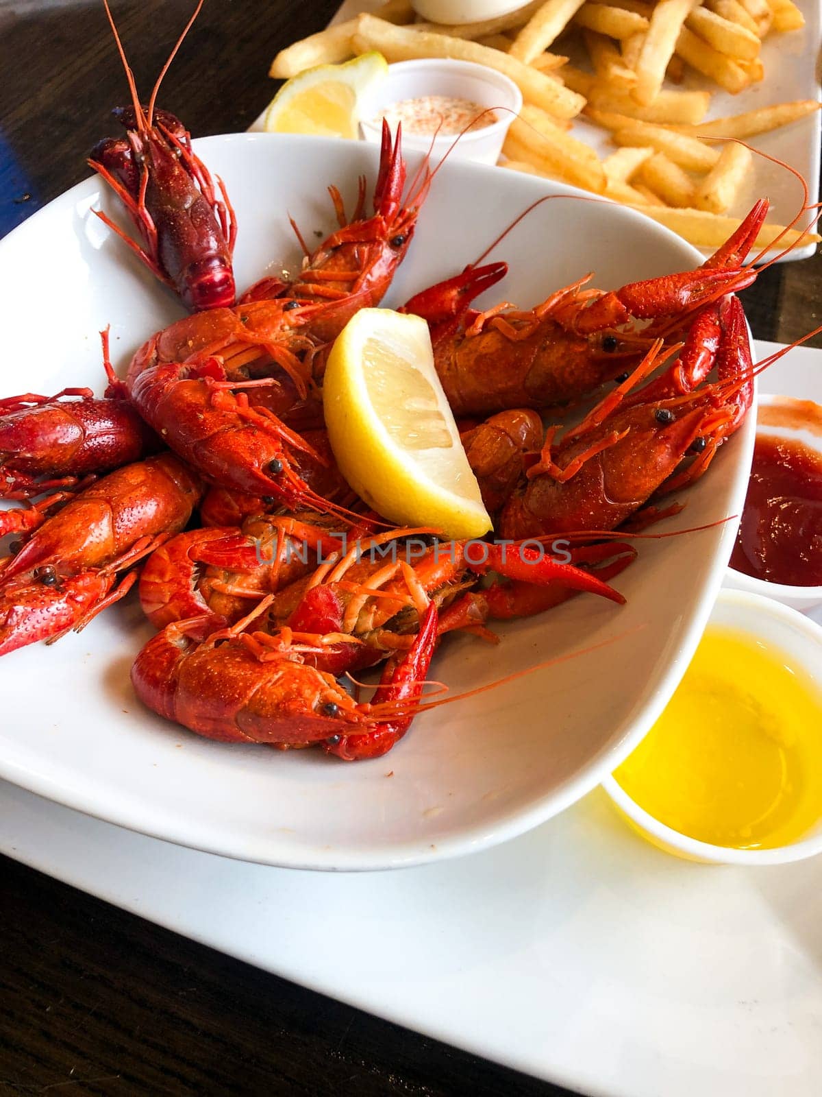 Crawfish or crayfish boil for dinner at a Southern restaurant in the United States. This freshwater seafood is a delicacy in some areas.