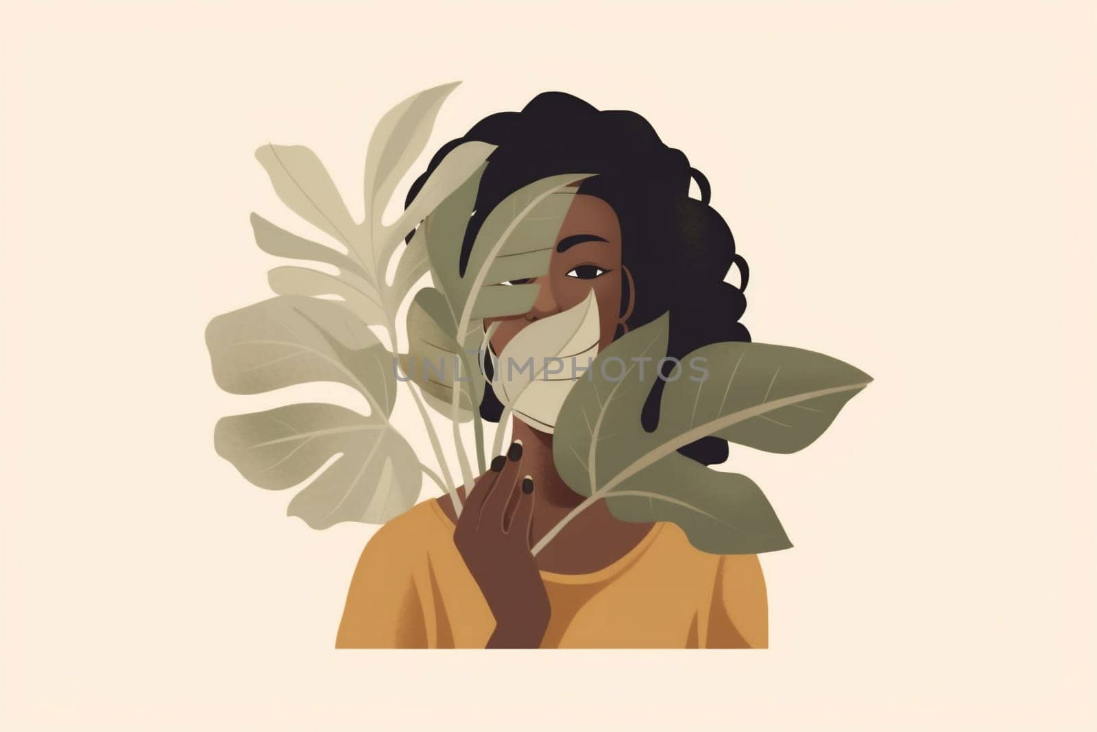 feminine woman pastel beige art background contemporary design trendy minimalism poster fashion abstract leaf print african boho young graphic american vintage palm. Generative AI.