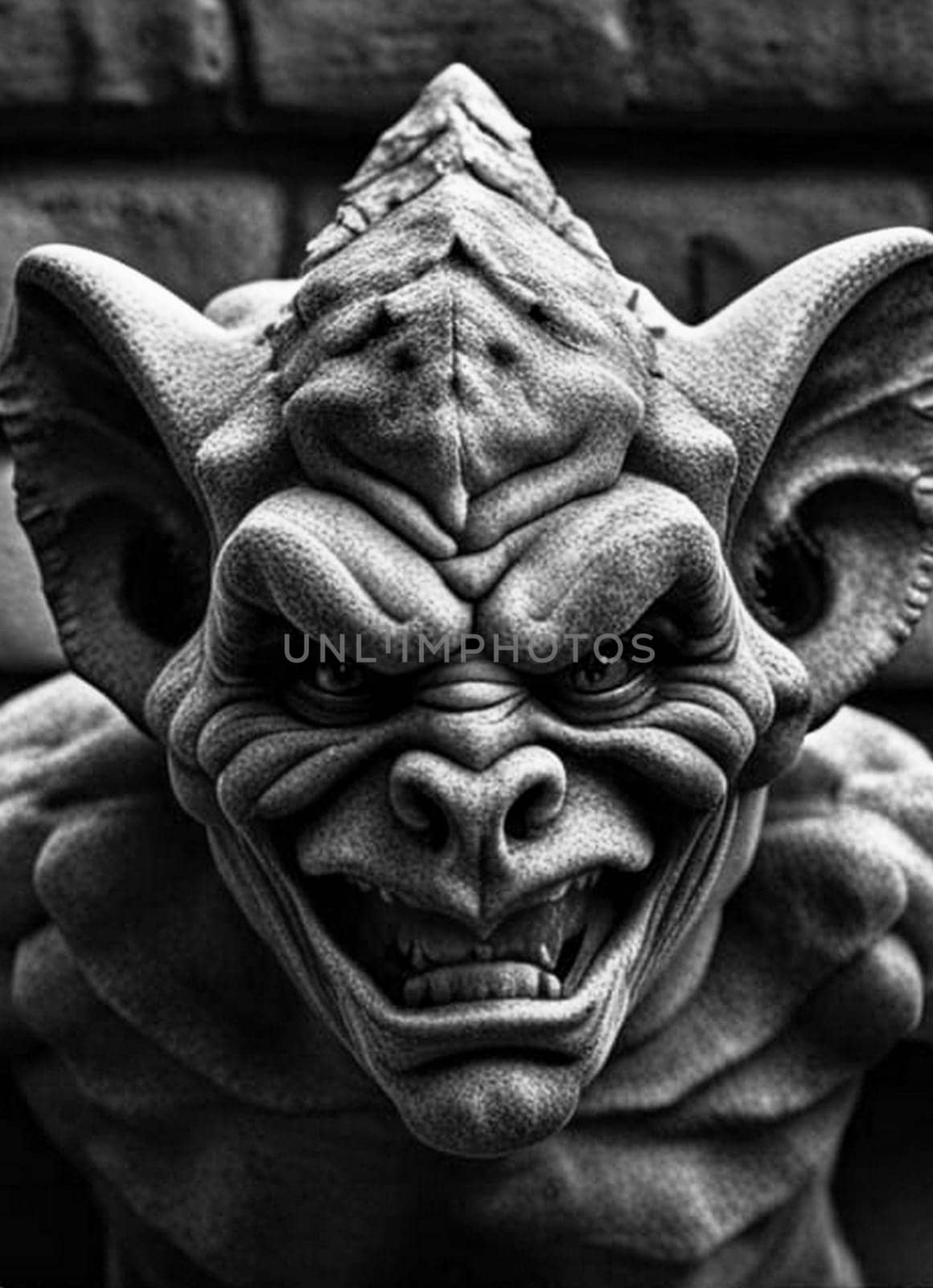 AI generated grotesque gargoyle ogre face hanging on a wall.