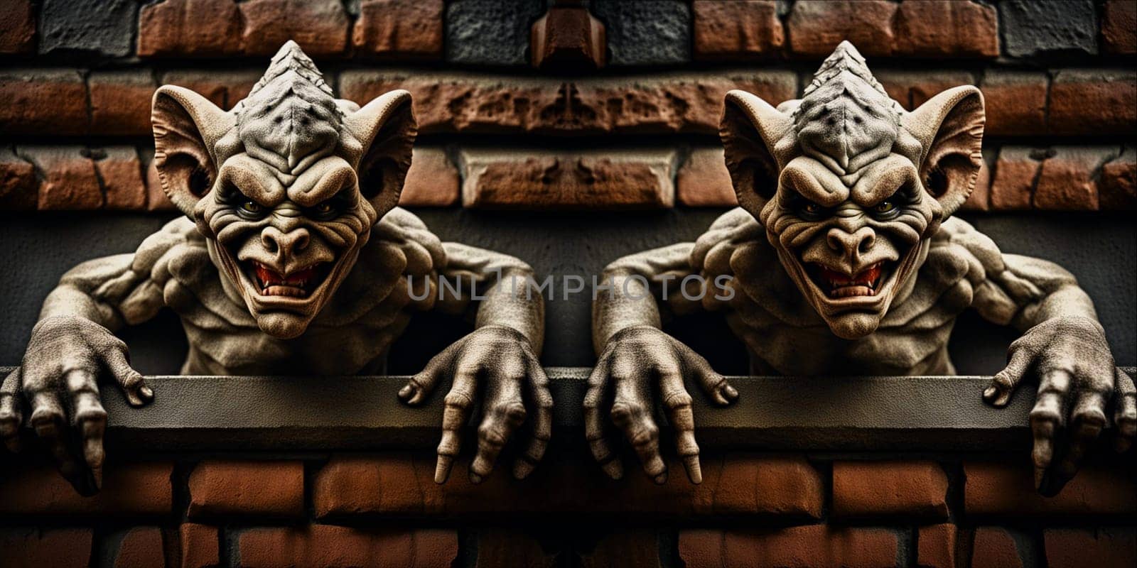 AI generated grotesque gargoyles ogre face hanging on a wall.