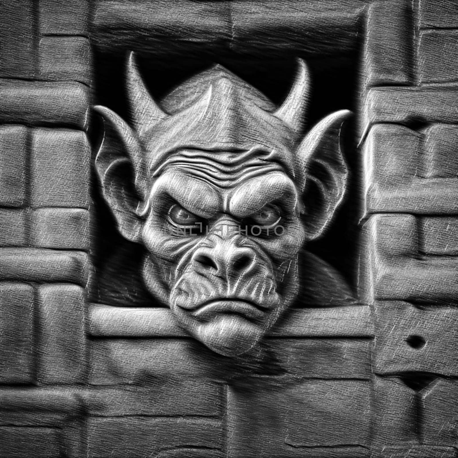AI generated grotesque gargoyle ogre face hanging on a wall. Black and white.