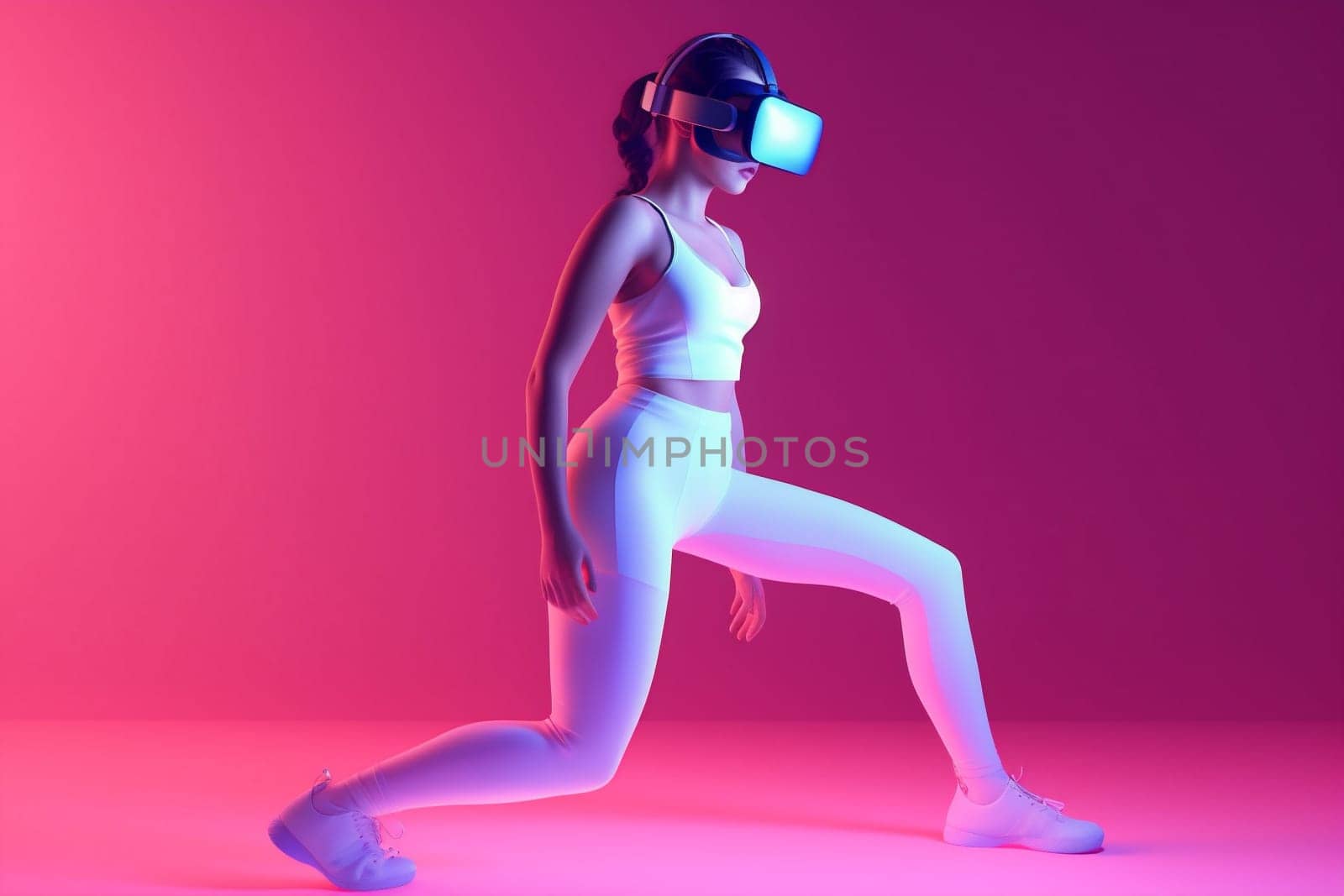 digital woman neon sport glasses innovation blue virtual vr reality game. Generative AI. by Vichizh