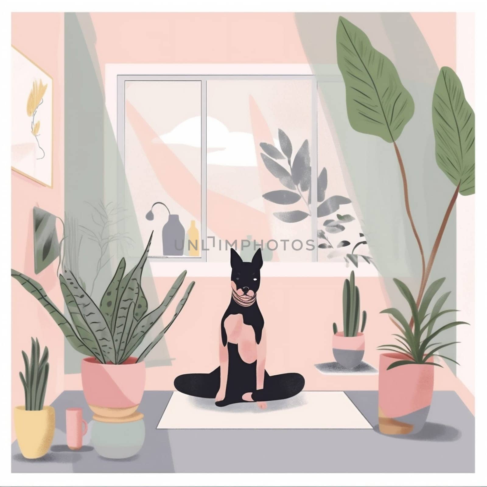 dog woman sport posture stretching asana lifestyle cat home training workout person cartoon health flat activity fitness body practice yoga relax. Generative AI.