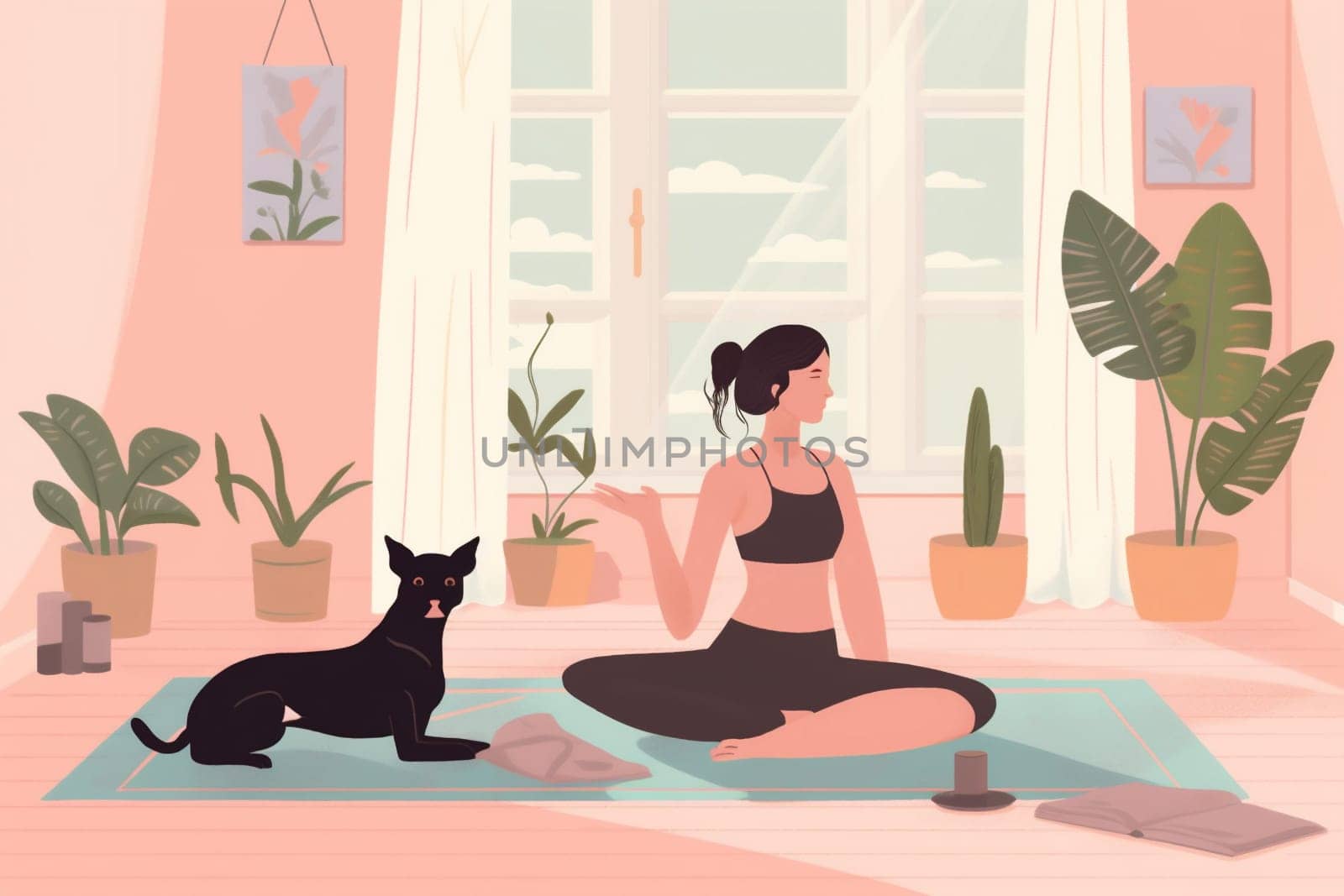 fitness dog woman body illustration pose young sportswear lifestyle training cartoon exercising yoga exercise gymnastics sport wellness girl home person stretching. Generative AI.