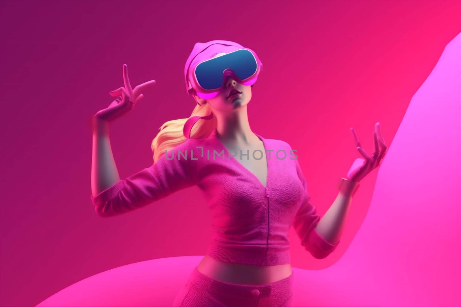 vr woman freedom internet yoga game virtual creative floating glasses reality virtual lifestyle reality person cyberspace neon sport innovation digital 3d metaverse. Generative AI.
