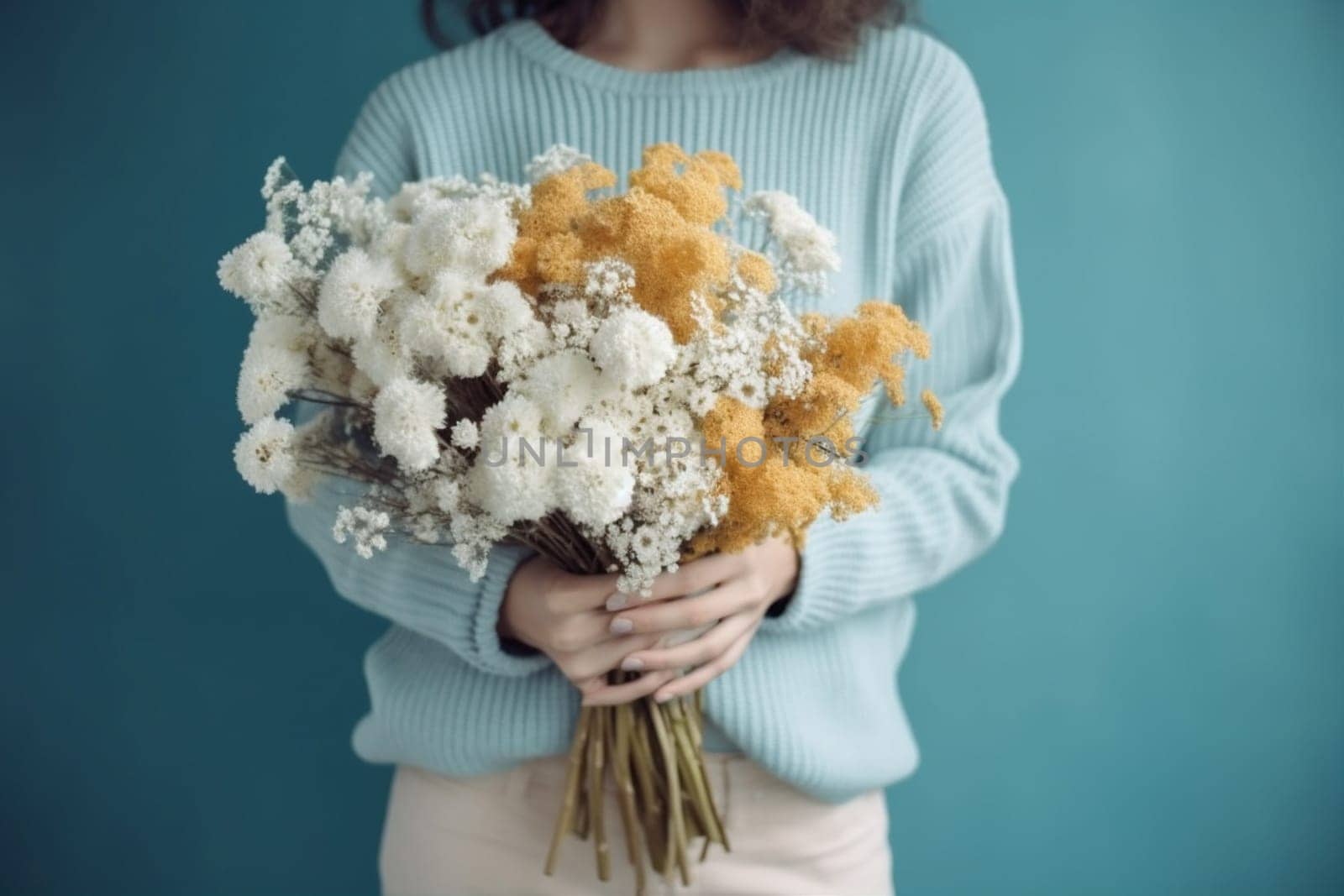 woman blue romantic yellow floral white flower sweater hand anniversary bouquet. Generative AI. by Vichizh