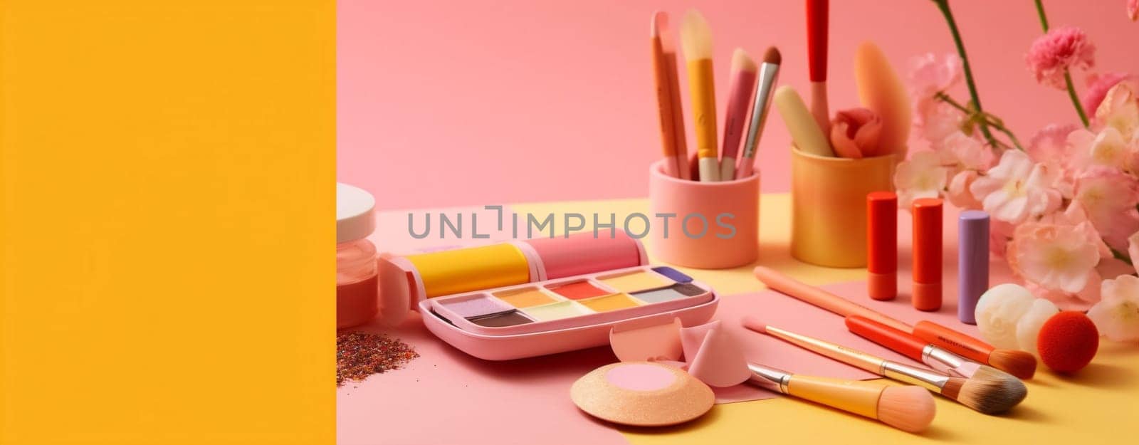 decorative fashion colours background object female cosmetic facial layout mockup skincare make-up makeup white bottle accessory trend color minimal product beauty. Generative AI.