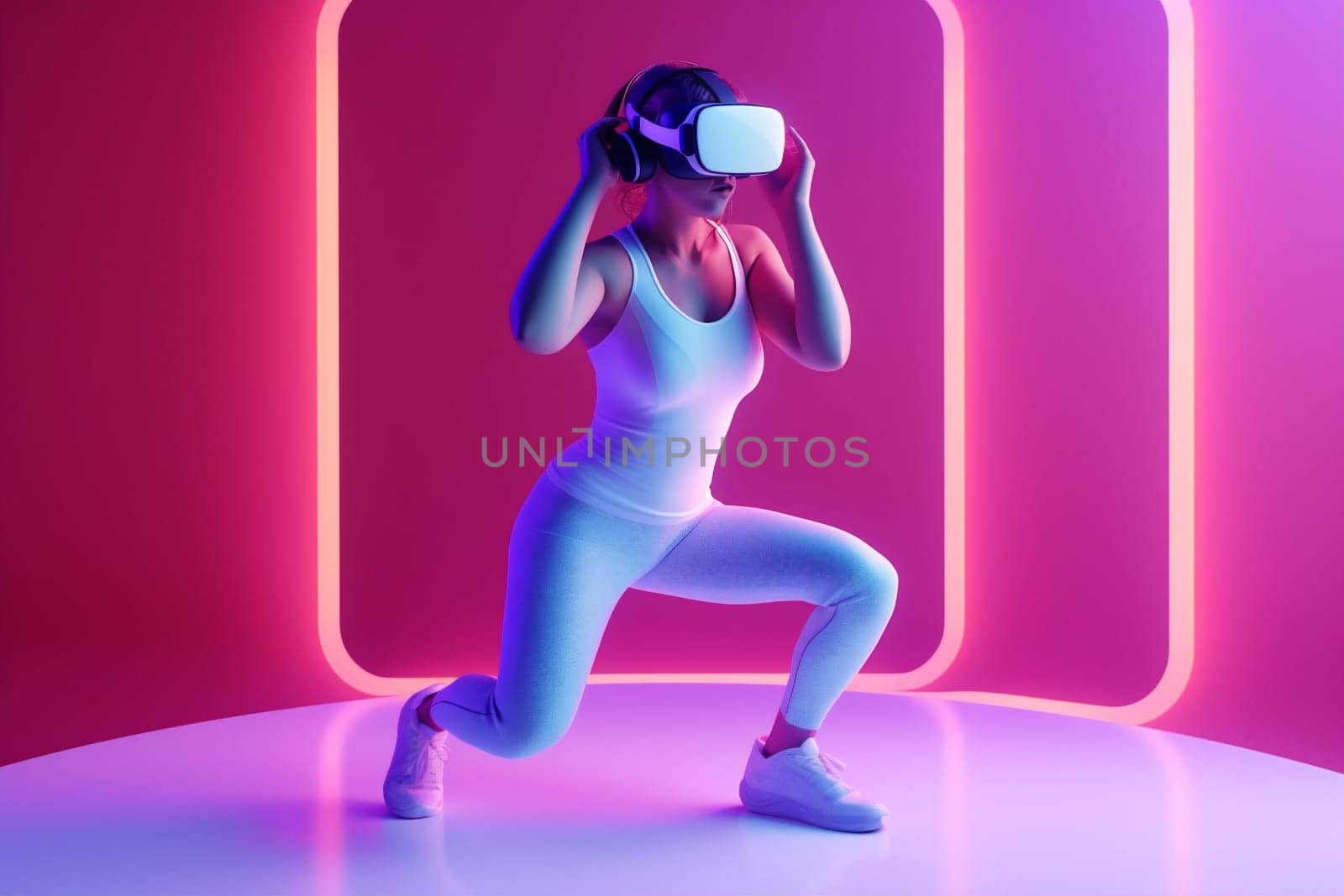 person woman blue freedom tech reality virtual internet innovation three-dimensional game neon cyber 3d render digital 3d colorful vr floating sport glasses. Generative AI.