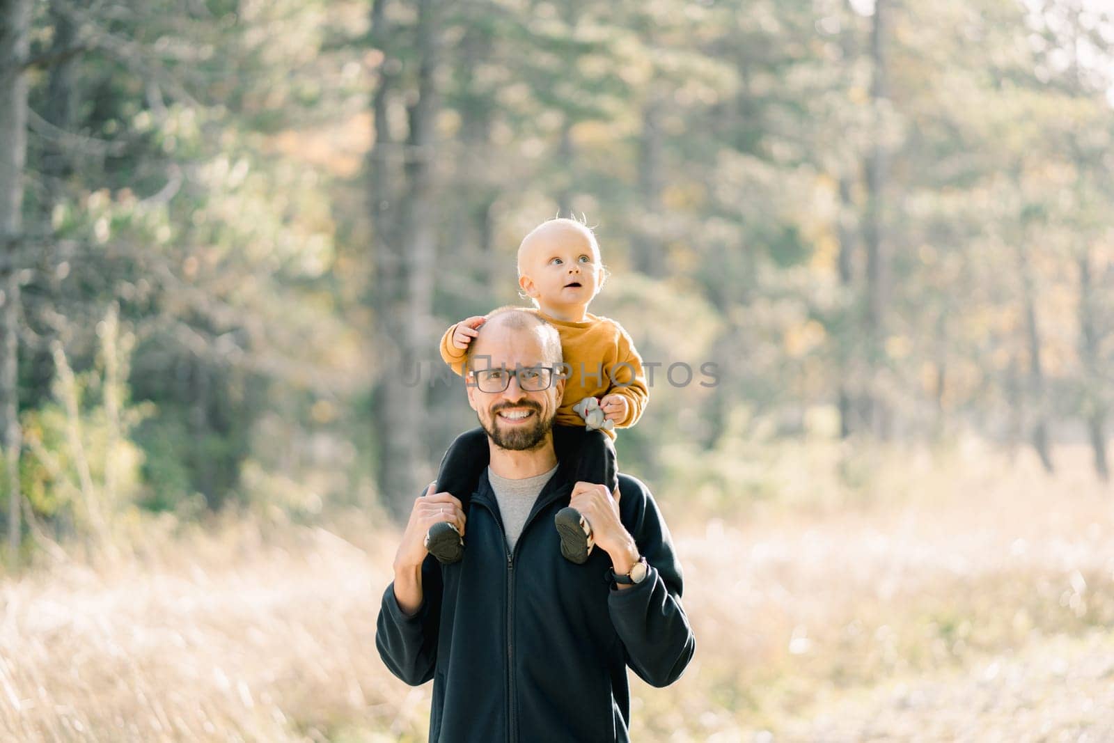 Little boy looks up while sitting on the shoulders of a smiling dad in the forest. High quality photo