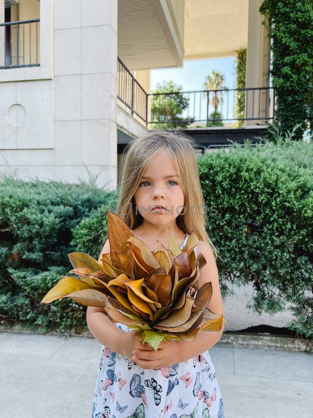 Little girl with a bouquet of yellow leaves stands near the house. High quality photo