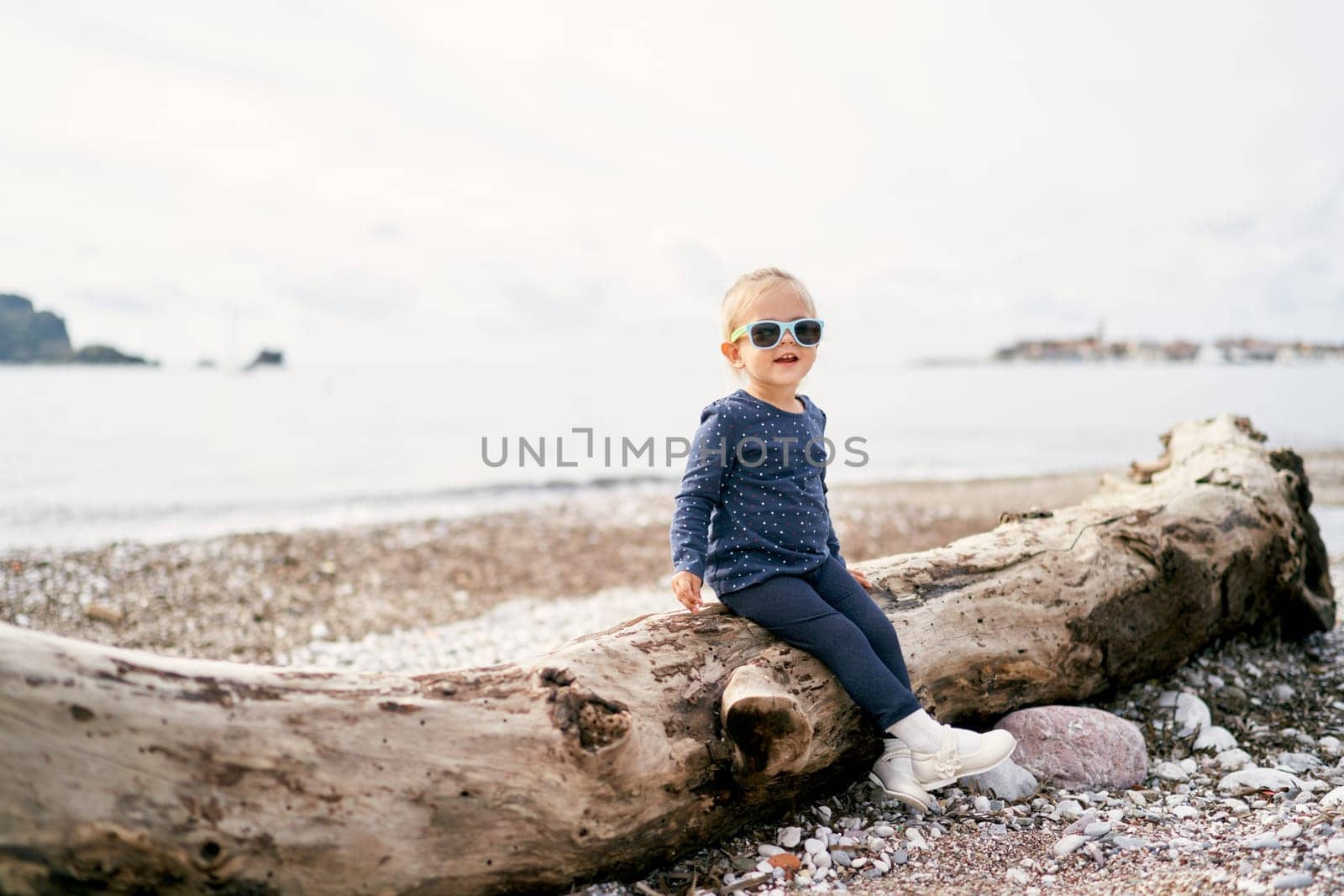 Little girl in sunglasses sits on a snag on the beach by Nadtochiy
