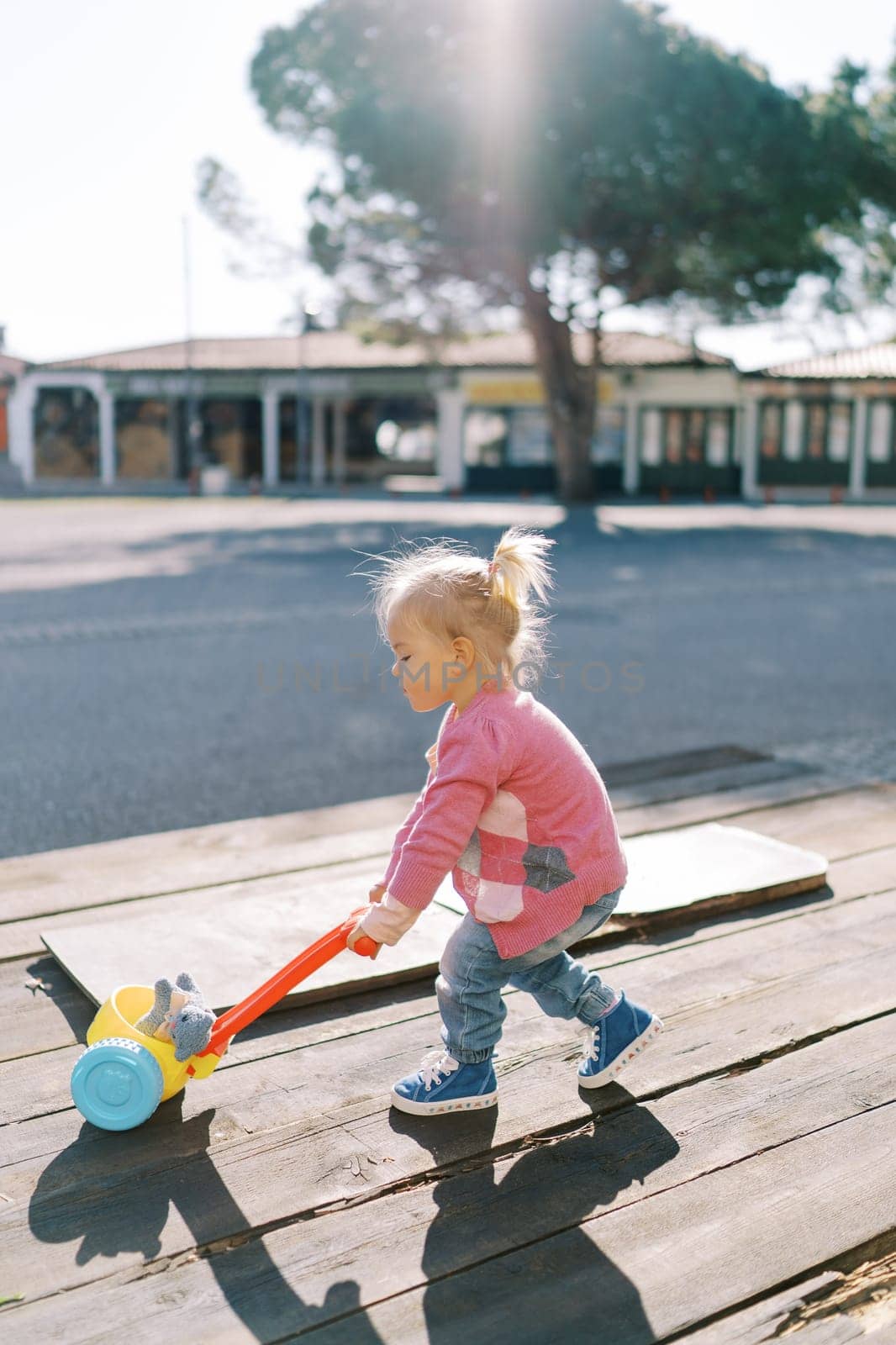 Little girl is pushing a toy cart with a soft toy on a wooden deck in the park by Nadtochiy