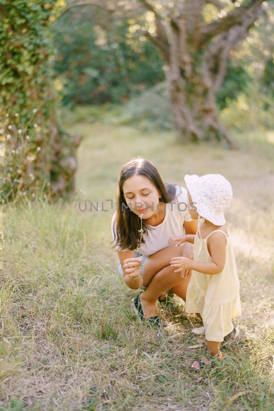 Little girl watches her mother sniff a wildflower in a sunny park. High quality photo