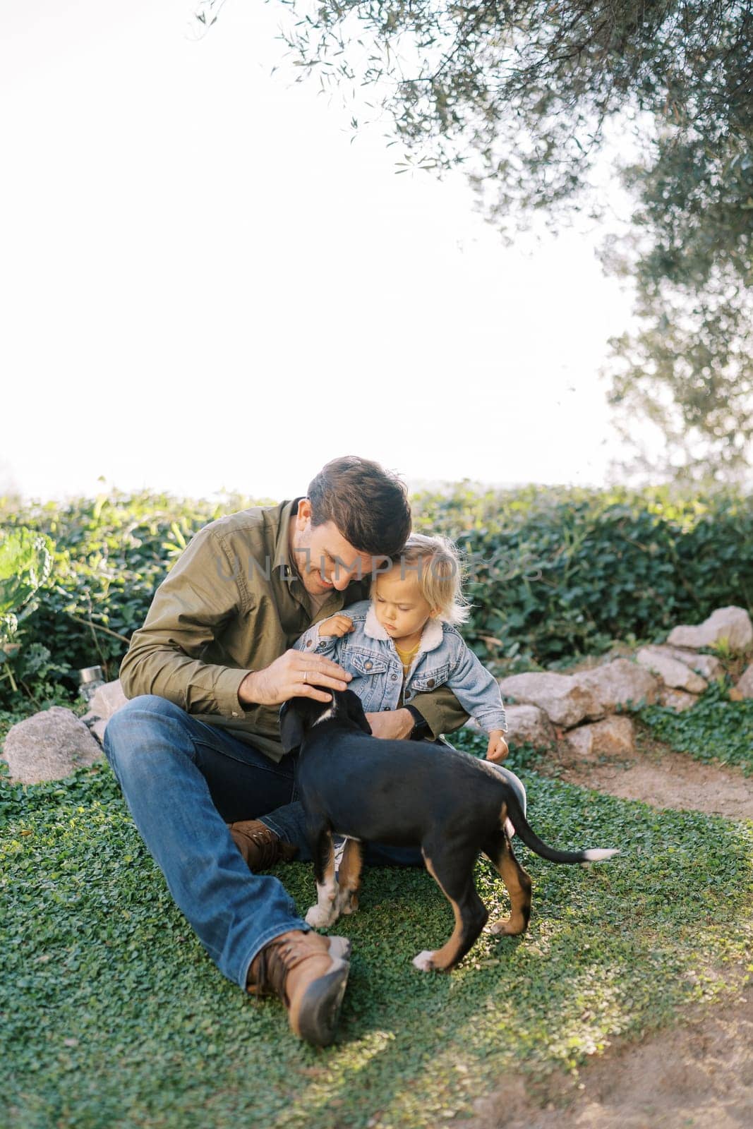 Smiling dad with a little girl in his arms sits on the lawn and pets a puppy. High quality photo