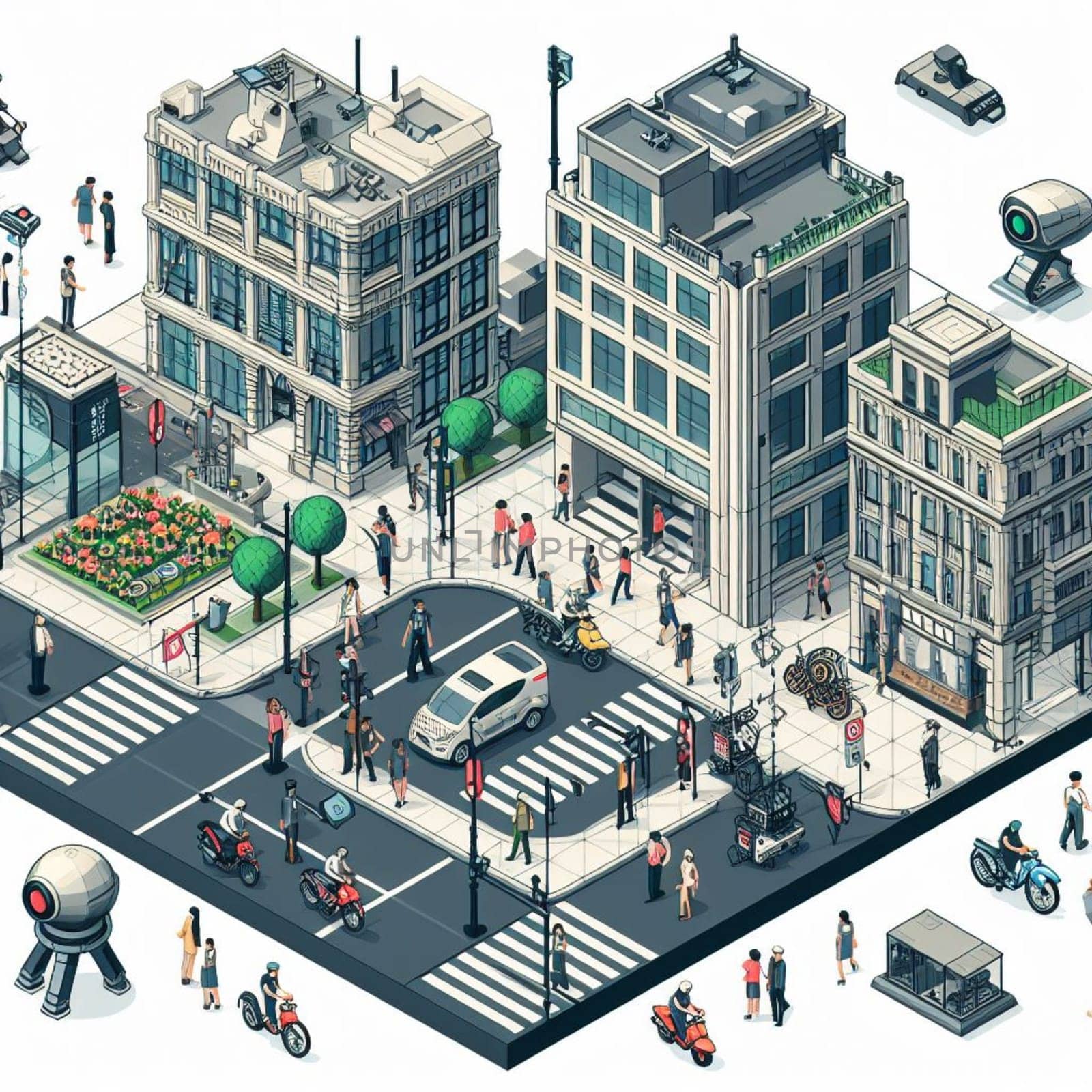 15 minute city isometric map, people, transport, security, cameras, drone and bot police, border by verbano