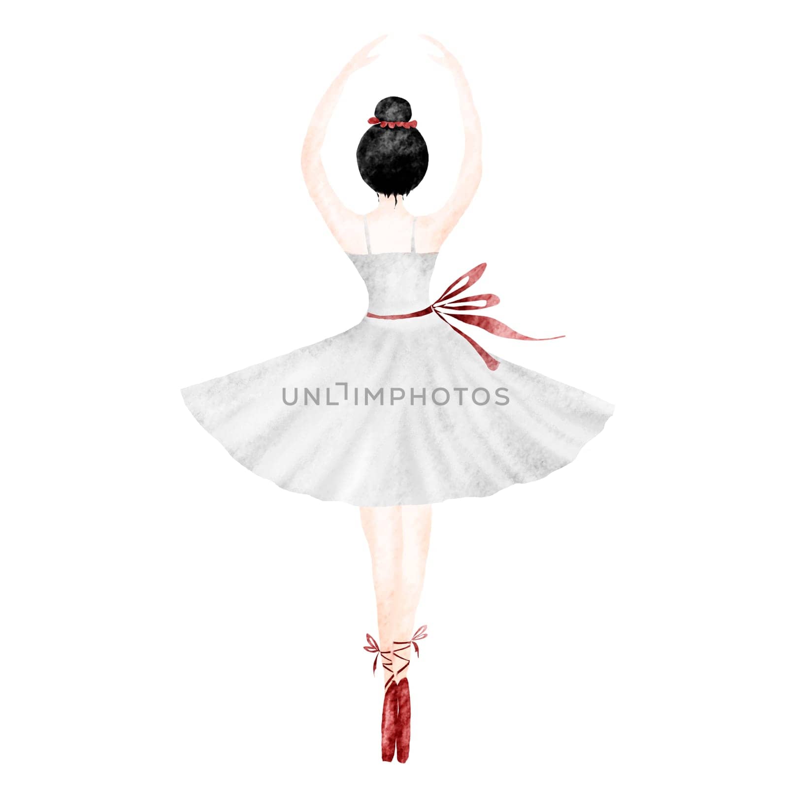 Watercolor drawing of a hand ballerina in a white dress and red pointe shoes isolate. Cute dancer to decorate cards and posters