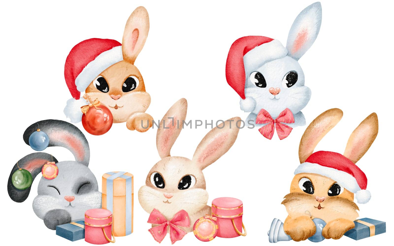 Set of charming rabbits. Santa Claus hats Christmas baubles and presents. bunny portraits are perfect for stickers, cards, sets, and design elements. They are isolated watercolor digital illustration.