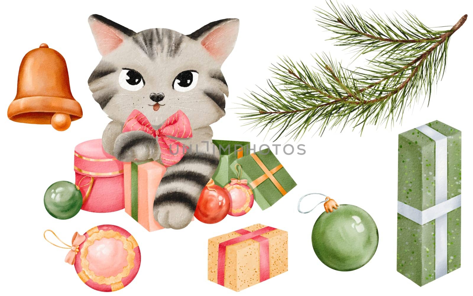 A watercolor collection of New Year elements. cat with gifts and Christmas baubles pine branch and gift box. a golden bell and colorful ornaments. for stickers, cards, sets, and design elements by Art_Mari_Ka